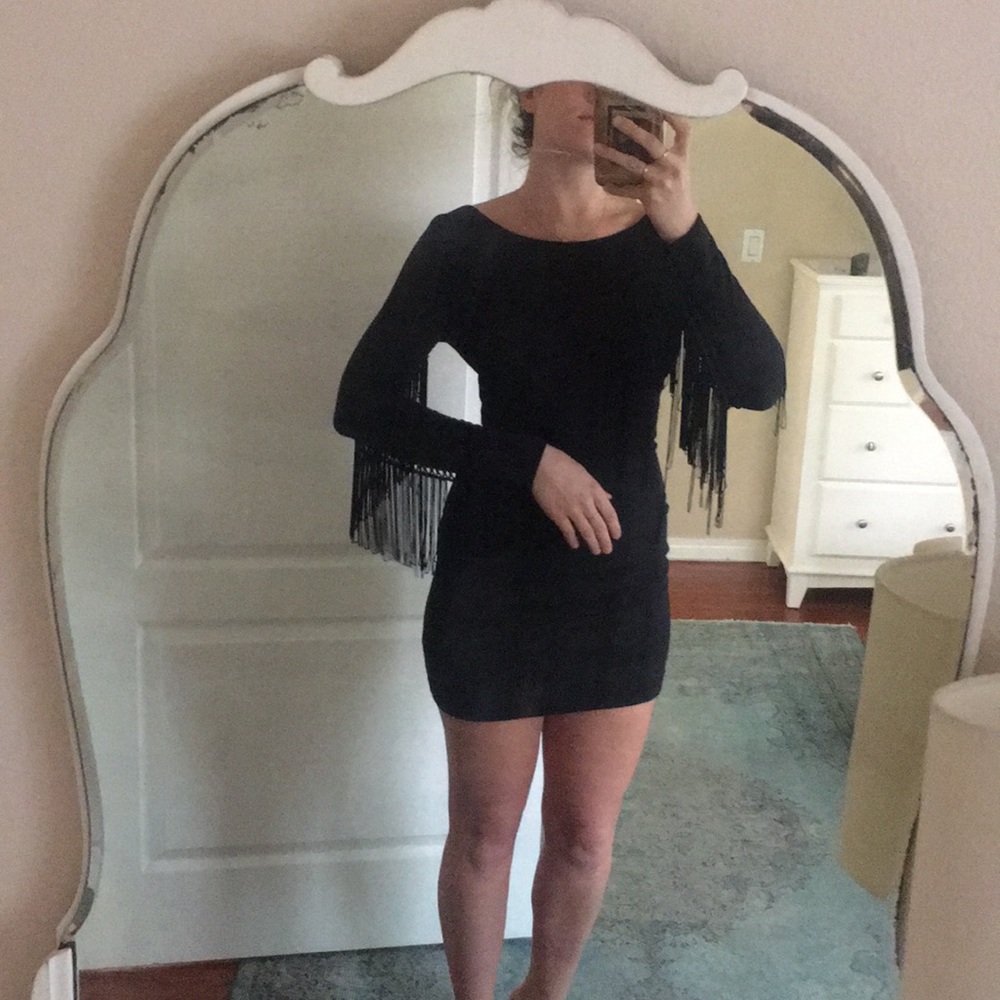 black bodycon dress with fringe